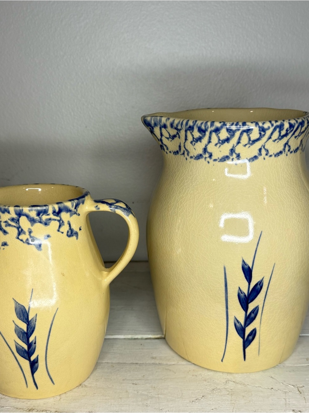 Vintage Robinson Ransbottom Pottery Pitcher Blue Sponge Wheat Roseville- choice